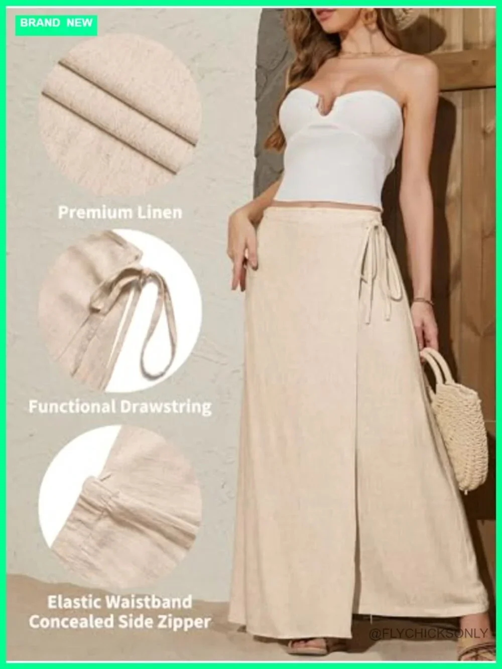 Linen Wrap Maxi Skirt Elastic Back Waistband Flowy A-Line Summer Casual Long